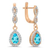 1.30 Carat (ctw) 14K Rose Gold Pear Cut Blue Topaz & Round Cut White Diamond Ladies Halo Style Dangling Drop Earrings