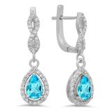 1.30 Carat (ctw) 14K White Gold Pear Cut Blue Topaz & Round Cut White Diamond Ladies Halo Style Dangling Drop Earrings