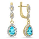 1.30 Carat (ctw) 14K Yellow Gold Pear Cut Blue Topaz & Round Cut White Diamond Ladies Halo Style Dangling Drop Earrings