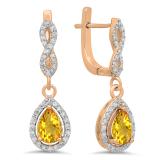 1.30 Carat (ctw) 14K Rose Gold Pear Cut Citrine & Round Cut White Diamond Ladies Halo Style Dangling Drop Earrings