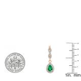 1.30 Carat (ctw) 14K Rose Gold Pear Cut Emerald & Round Cut White Diamond Ladies Halo Style Dangling Drop Earrings