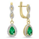 1.30 Carat (ctw) 14K Yellow Gold Pear Cut Emerald & Round Cut White Diamond Ladies Halo Style Dangling Drop Earrings