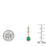 1.30 Carat (ctw) 14K Yellow Gold Pear Cut Emerald & Round Cut White Diamond Ladies Halo Style Dangling Drop Earrings