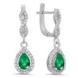 1.30 Carat (ctw) 18K White Gold Pear Cut Emerald & Round Cut White Diamond Ladies Halo Style Dangling Drop Earrings