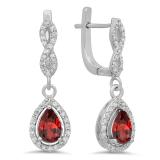 1.30 Carat (ctw) 10K White Gold Pear Cut Garnet & Round Cut White Diamond Ladies Halo Style Dangling Drop Earrings