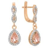1.30 Carat (ctw) 10K Rose Gold Pear Cut Morganite & Round Cut White Diamond Ladies Halo Style Dangling Drop Earrings