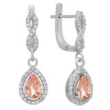 1.30 Carat (ctw) 10K White Gold Pear Cut Morganite & Round Cut White Diamond Ladies Halo Style Dangling Drop Earrings