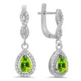 1.30 Carat (ctw) 14K White Gold Pear Cut Peridot & Round Cut White Diamond Ladies Halo Style Dangling Drop Earrings