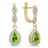 1.30 Carat (ctw) 14K Yellow Gold Pear Cut Peridot & Round Cut White Diamond Ladies Halo Style Dangling Drop Earrings