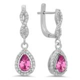 1.30 Carat (ctw) 10K White Gold Pear Cut Pink Sapphire & Round Cut White Diamond Ladies Halo Style Dangling Drop Earrings