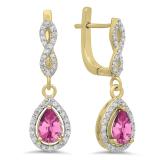 1.30 Carat (ctw) 10K Yellow Gold Pear Cut Pink Sapphire & Round Cut White Diamond Ladies Halo Style Dangling Drop Earrings