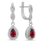 1.30 Carat (ctw) 14K White Gold Pear Cut Ruby & Round Cut White Diamond Ladies Halo Style Dangling Drop Earrings