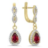 1.30 Carat (ctw) 14K Yellow Gold Pear Cut Ruby & Round Cut White Diamond Ladies Halo Style Dangling Drop Earrings