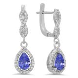 1.30 Carat (ctw) 14K White Gold Pear Cut Tanzanite & Round Cut White Diamond Ladies Halo Style Dangling Drop Earrings