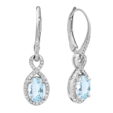 7x5mm Each Oval Aquamarine & Round White Diamond Infinity Dangling Lever Back Earrings for Women in 10K White Gold