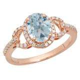 1.45 Carat (ctw) 10K Rose Gold Oval Cut Aquamarine & Round Cut White Diamond Ladies Bridal Halo Style Engagement Ring 1 1/2 CT