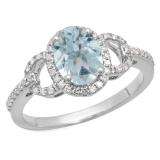 1.45 Carat (ctw) 14K White Gold Oval Cut Aquamarine & Round Cut White Diamond Ladies Bridal Halo Style Engagement Ring 1 1/2 CT