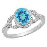 1.45 Carat (ctw) 10K White Gold Oval Cut Blue Topaz & Round Cut White Diamond Ladies Bridal Halo Style Engagement Ring 1 1/2 CT