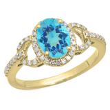 1.45 Carat (ctw) 14K Yellow Gold Oval Cut Blue Topaz & Round Cut White Diamond Ladies Bridal Halo Style Engagement Ring 1 1/2 CT