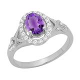 7x5mm Oval Amethyst & Round White Diamond Split Shank Halo Engagement Ring for Women (0.25 ctw, Color I-J, Clarity I2-I3) 10K White Gold