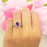 7x5mm Oval Amethyst & Round White Diamond Split Shank Halo Engagement Ring for Women (0.25 ctw, Color I-J, Clarity I1-I2) 18K Rose Gold