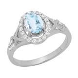7x5mm Oval Aquamarine & Round White Diamond Split Shank Halo Engagement Ring for Women (0.25 ctw, Color I-J, Clarity I1-I2) 14K White Gold