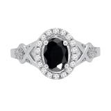 7x5mm Oval Black Sapphire & Round White Diamond Split Shank Halo Engagement Ring for Women (0.25 ctw, Color I-J, Clarity I1-I2) 18K White Gold