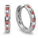 0.18 Carat (ctw) 10K White Gold Small Round Ruby & White Diamond Huggie Hoop Earrings