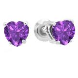 1.00 Carat (ctw) 18K White Gold Heart Shape Natural Amethyst Ladies Stud Earrings 1 CT