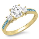 1.35 Carat (ctw) 10K Yellow Gold Princess & Round White Diamond & Blue Topaz Ladies Bridal 3 Stone Engagement Ring