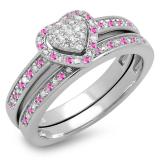 0.23 Carat (ctw) Sterling Silver Round Pink Sapphire & White Diamond Ladies Heart Shaped Bridal Engagement Ring With Matching Band Set 1/4 CT