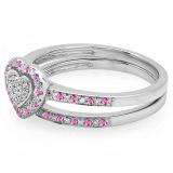 0.23 Carat (ctw) Sterling Silver Round Pink Sapphire & White Diamond Ladies Heart Shaped Bridal Engagement Ring With Matching Band Set 1/4 CT
