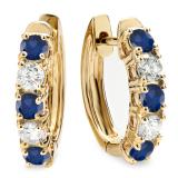 1.00 Carat (ctw) 10K Yellow Gold Round Blue Sapphire & White Diamond Ladies Huggies Hoop Earrings 1 CT