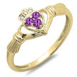 0.15 Carat (Ctw) 10k Yellow Gold Round Amethyst & White Diamond Ladies Bridal Promise Irish Love And Friendship Band Claddagh Heart Shape Ring