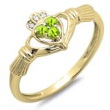 0.15 Carat (Ctw) 10k Yellow Gold Round Peridot & White Diamond Ladies Bridal Promise Irish Love And Friendship Band Claddagh Heart Shape Ring