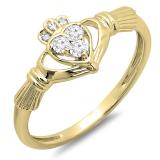 0.15 Carat (Ctw) 10k Yellow Gold Round White Diamond Ladies Bridal Promise Irish Love And Friendship Band Claddagh Heart Shape Ring