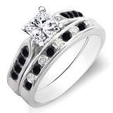 1.10 Carat (ctw) 14K White Gold Princess & Round Cut Black & White Diamond Ladies Bridal Engagement Ring Set With Matching Band 1 CT