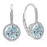 3.70 Carat (ctw) 18K White Gold Round Cut Aquamarine & White Diamond Ladies Halo Style Dangling Drop Earrings