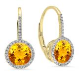 3.70 Carat (ctw) 10K Yellow Gold Round Cut Citrine & White Diamond Ladies Halo Style Dangling Drop Earrings