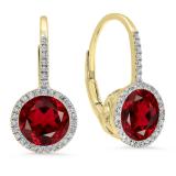 3.70 Carat (ctw) 14K Yellow Gold Round Cut Garnet & White Diamond Ladies Halo Style Dangling Drop Earrings
