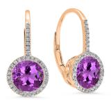 3.70 Carat (ctw) 10K Rose Gold Round Cut Amethyst & White Diamond Ladies Halo Style Dangling Drop Earrings