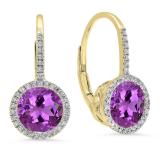 3.70 Carat (ctw) 10K Yellow Gold Round Cut Amethyst & White Diamond Ladies Halo Style Dangling Drop Earrings
