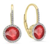 3.70 Carat (ctw) 14K Yellow Gold Round Cut Ruby & White Diamond Ladies Halo Style Dangling Drop Earrings