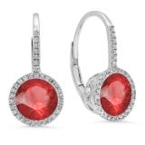3.70 Carat (ctw) 18K White Gold Round Cut Ruby & White Diamond Ladies Halo Style Dangling Drop Earrings