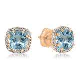 2.40 Carat (ctw) 14K Rose Gold Cushion Cut Aquamarine & Round Cut White Diamond Ladies Halo Style Stud Earrings