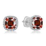 2.40 Carat (ctw) 10K White Gold Cushion Cut Garnet & Round Cut White Diamond Ladies Halo Style Stud Earrings