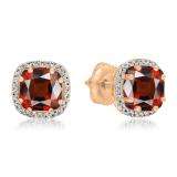 2.40 Carat (ctw) 14K Rose Gold Cushion Cut Garnet & Round Cut White Diamond Ladies Halo Style Stud Earrings