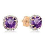 2.40 Carat (ctw) 10K Rose Gold Cushion Cut Amethyst & Round Cut White Diamond Ladies Halo Style Stud Earrings