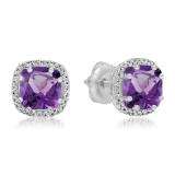 2.40 Carat (ctw) 10K White Gold Cushion Cut Amethyst & Round Cut White Diamond Ladies Halo Style Stud Earrings
