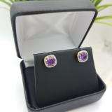 2.40 Carat (ctw) 10K Yellow Gold Cushion Cut Amethyst & Round Cut White Diamond Ladies Halo Style Stud Earrings